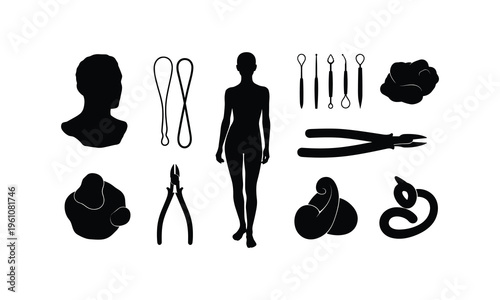 Silhouettes of hairdressing tools and a stylist figure