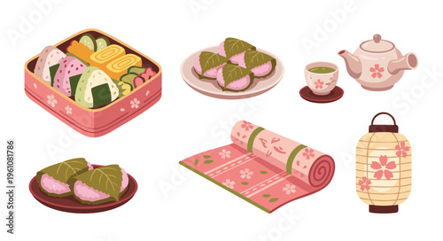 Japanese Hanami Picnic Set with Bento Box Mochi and Tea Set
