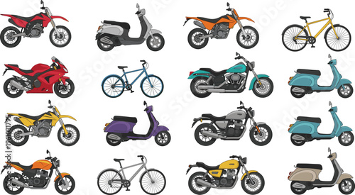 Collection of colorful two‑wheeled vehicle illustrations including motorcycles, scooters, and bicycles in diverse styles, perfect for transportation, recreation, education, automotive, and creative 