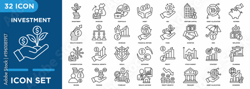 Investment icon set illustrating investor, portfolio, asset, roi, venture capital, asset allocation, savings, and corporate projects	