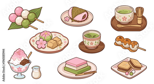 Assorted Japanese Spring Sweets including Dango Sakuramochi and Matcha