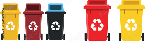 Waste recycling bins collection with colorful garbage containers, eco friendly trash sorting system and environmental protection vector illustration set