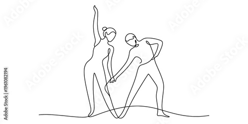 Continuous line drawing of two dancers in motion