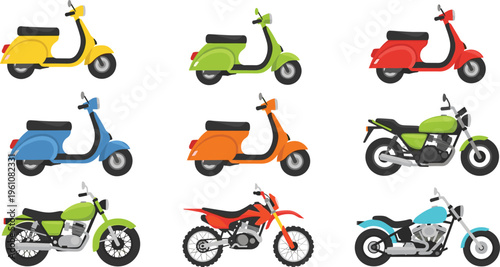 Collection of colorful two‑wheeled vehicle illustrations including scooters, motorcycles, dirt bikes, and cruisers, perfect for transportation, recreation, education, automotive, and creative 