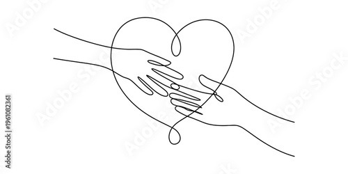 Continuous line drawing of two hands forming a heart