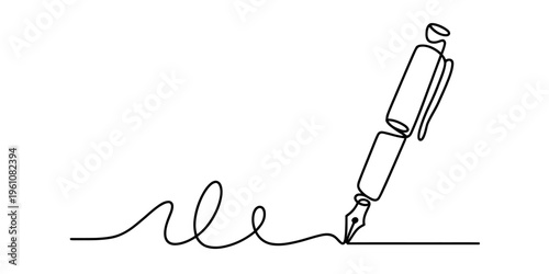 Continuous line drawing of a fountain pen signing a document