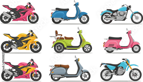 Collection of colorful two‑wheeled vehicle illustrations including scooters, sport motorcycles, cruisers, dirt bikes, and classic designs, perfect for transportation, recreation, education, automotive