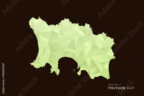 Jersey Map - Low poly polygon map in soft light green gradient on dark brown background, modern minimal geometric style, clean abstract vector illustration design.
