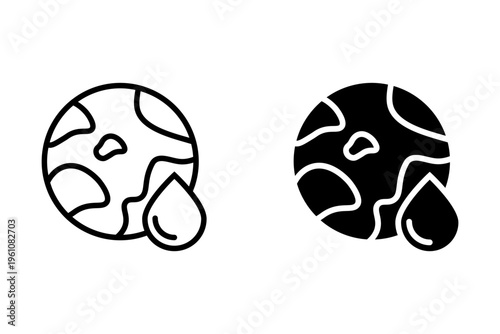 water saving line icon, Water drop with globe inside. Perfect for environmental conservation, sustainability, global issues, climate change concept. Earth in drops.