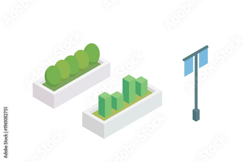 Isometric Urban Planter Boxes With Streetlight