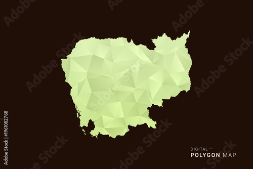Photos Cambodia Map - Low poly polygon map in soft light green gradient on dark brown background, modern minimal geometric style, clean abstract vector illustration design