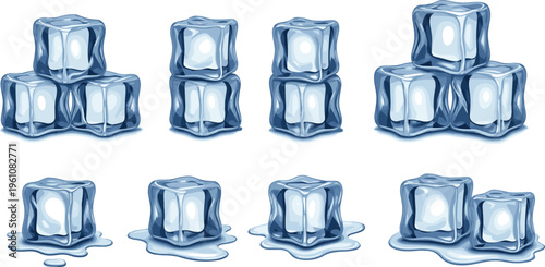 Collection of realistic ice cube illustrations showing stacked cubes and melting stages with water puddles, perfect for food, beverage, science, education, and creative artwork projects.