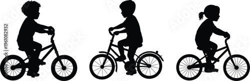 Kids riding bicycle silhouette vector set, children cycling activity isolated on white background for lifestyle design