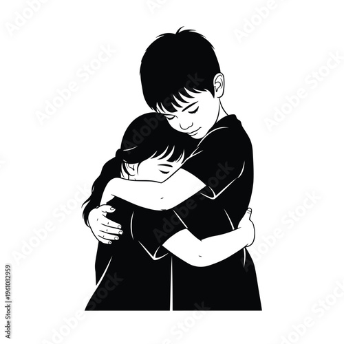 Heartwarming sibling moment with young boy hugging little sister in black and white minimalist illustration on clean background