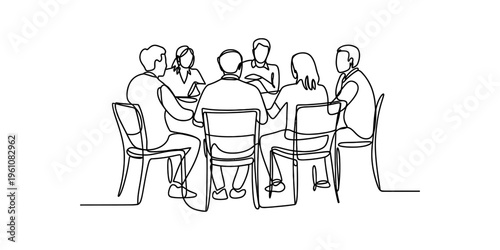 Continuous line drawing of business team meeting around table