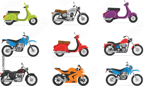 Collection of colorful motorcycle and scooter illustrations including sport bikes, cruisers, dirt bikes, touring motorcycles, and classic scooters, perfect 