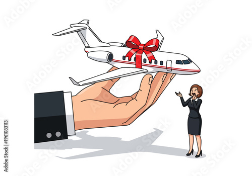 Private jet gift concept with giant hand holding airplane, luxury business travel surprise for female executive, corporate reward vector illustration