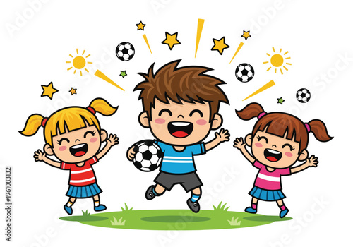 Happy children playing soccer vector illustration, group of active kids with football on grass, cheerful cartoon characters for school sports