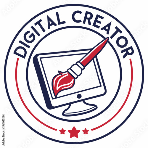 Digital creator logo with computer monitor and brush with digital art