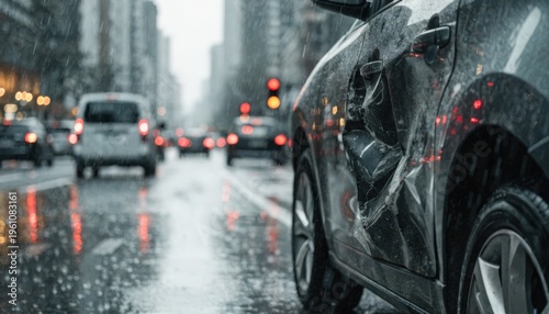 Closeup medium frame of dented door on a vehicle in an urban street setting surrounded by softly blurred cityscape reflecting collision aftermath in traffic.