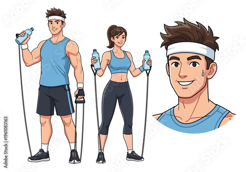 Anime style fitness characters with resistance bands, athletic man and woman in gym wear, healthy lifestyle vector illustration set