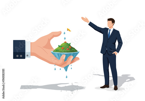Business sales funnel concept with giant hand holding data, professional businessman presenting marketing strategy, lead generation vector illustration