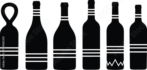 Six wine bottles with distinctive labels and designs