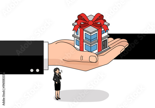 Real estate gift concept with giant hand holding a house tied with red ribbon, business woman looking up at property investment opportunity
