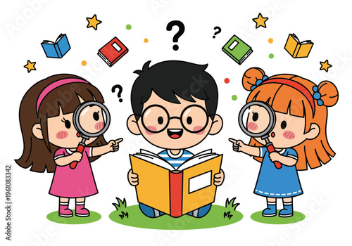Cartoon children reading books and investigating with magnifying glasses, curious students learning and exploring, educational vector illustration