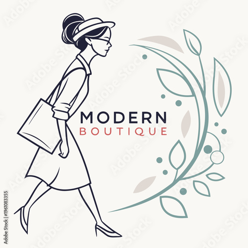 Woman with shopping bag and boutique logo elements with clothing store