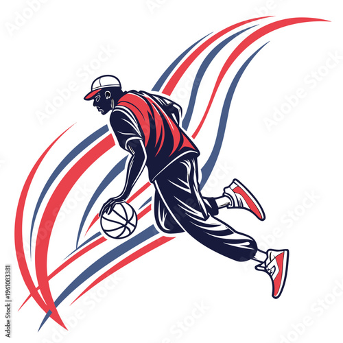 Basketball player dribbling with red, white, and blue streaks