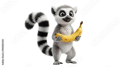 Cute lemur, holding banana, funny animal, wildlife creature, cartoon character isolated PNG with Transparent Background