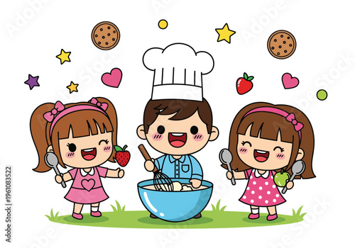 Kawaii cartoon children cooking and baking, cute little chef boy and girls with mixing bowl, happy kids culinary class vector illustration