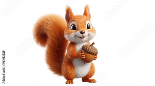 Cute cartoon squirrel, holding acorn, orange and white fur, 3D illustration, forest animal character isolated PNG with Transparent Background