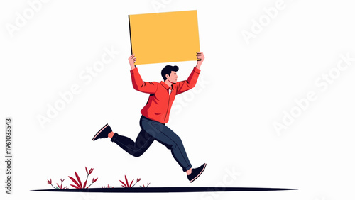 Flat vector illustration of a person running holding a blank protest sign for activism concepts dynamic demonstrations and urgent announcement graphics.