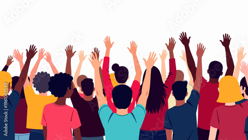 Flat vector illustration of a large crowd of people raising their hands for protest concepts political demonstrations and social justice graphics.