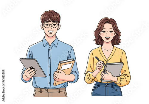 Modern professional students or office workers, young man and woman holding tablet and notebook, flat vector illustration of colleagues