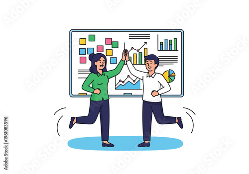 Business team high five celebration, happy colleagues achieving goals in office, professional success and teamwork vector illustration