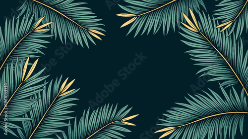 Dark seamless botanical pattern featuring elegant green tropical leaves with gold accents for luxury vintage wallpapers and sophisticated interior textiles.