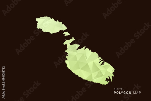 Malta Map - Low poly polygon map in soft light green gradient on dark brown background, modern minimal geometric style, clean abstract vector illustration design.