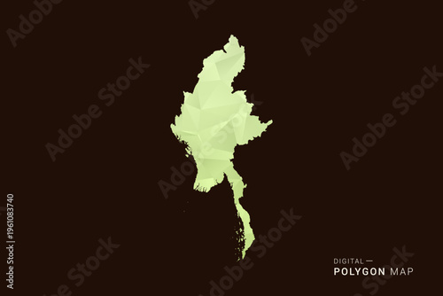 Myanmar Map - Low poly polygon map in soft light green gradient on dark brown background, modern minimal geometric style, clean abstract vector illustration design.