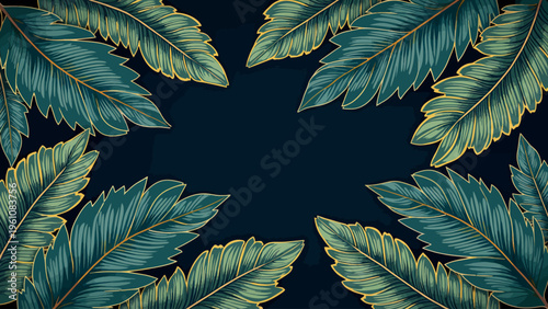 Luxurious dark seamless pattern featuring beautiful tropical green leaves adorned with delicate gold outlines for elegant vintage wallpapers and premium textile design.