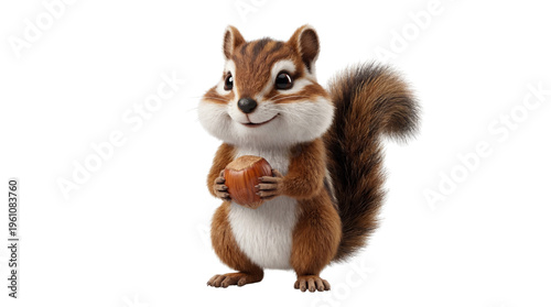 Cute cartoon squirrel, holding acorn, brown and white fur, adorable animal illustration isolated PNG with Transparent Background