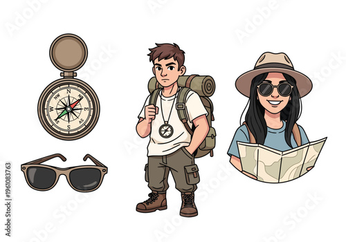 Hiking and travel adventure vector set, cartoon backpacker characters with map and compass, outdoor camping equipment and tourist icons