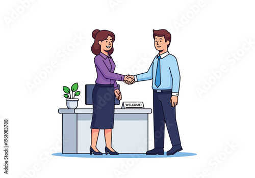 Professional business handshake vector illustration, corporate colleagues greeting at office reception desk, partners closing deal in flat style