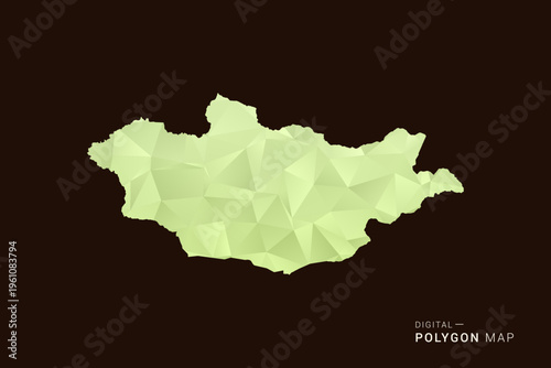 Mongolia Map - Low poly polygon map in soft light green gradient on dark brown background, modern minimal geometric style, clean abstract vector illustration design.