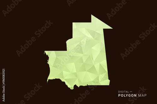 Mauritania Map - Low poly polygon map in soft light green gradient on dark brown background, modern minimal geometric style, clean abstract vector illustration design.