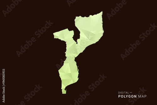 Mozambique Map - Low poly polygon map in soft light green gradient on dark brown background, modern minimal geometric style, clean abstract vector illustration design.