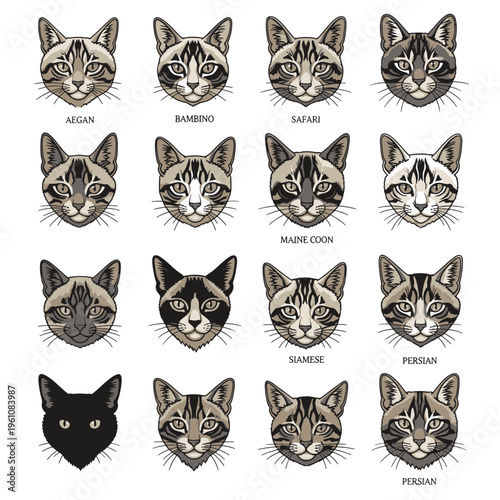 Cat Breeds Collection of Various Domestic Feline Head Portraits in Detailed Illustrated Style