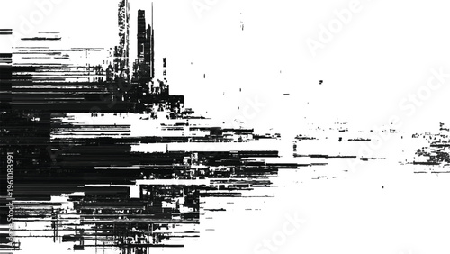 Glitchy distorted digital error abstract background with horizontal lines and pixelation effects white and black